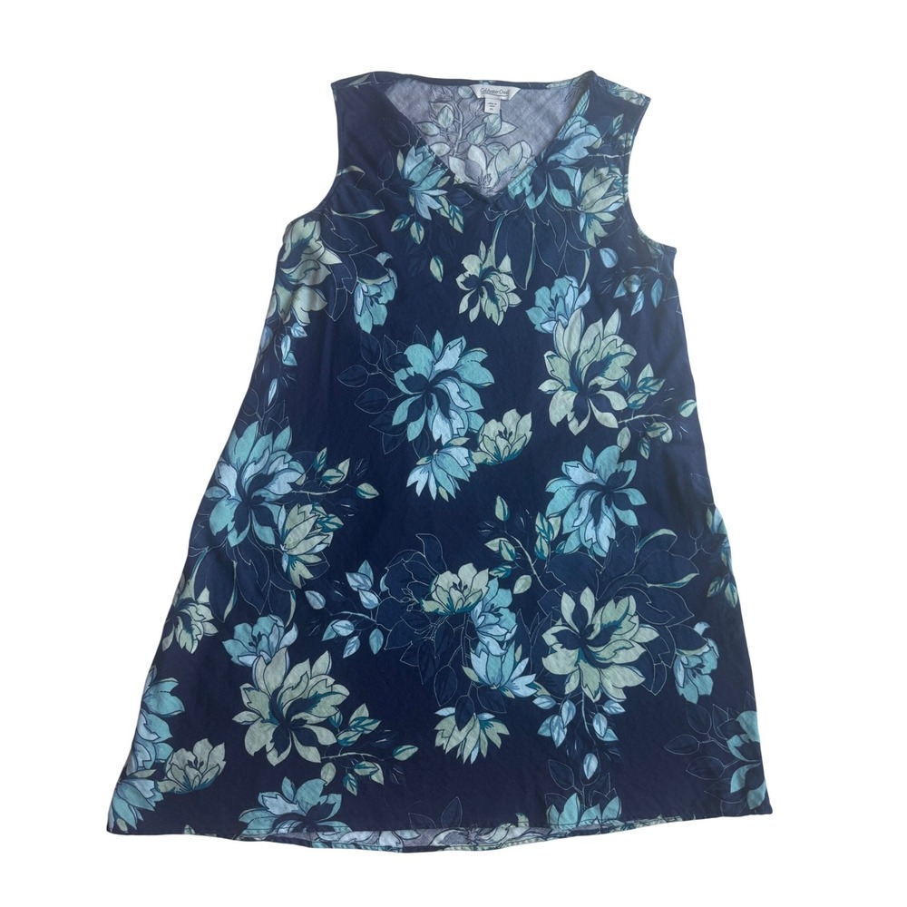 Coldwater Creek Navy Floral Cotton Sleeveless V-Neck Shift Dress Petite Large PL